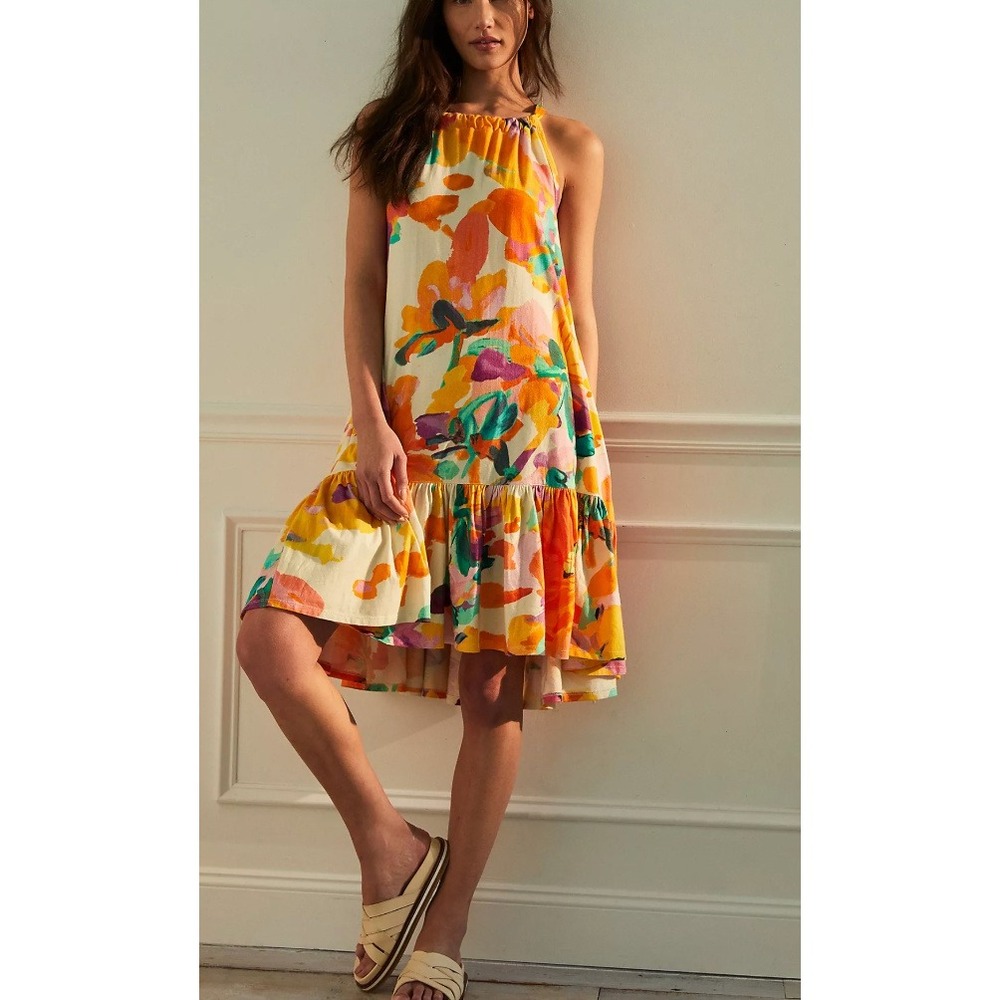 Daily Practice Anthropologie Frida NWT Floral Halter Dress S Boho Orange Midi